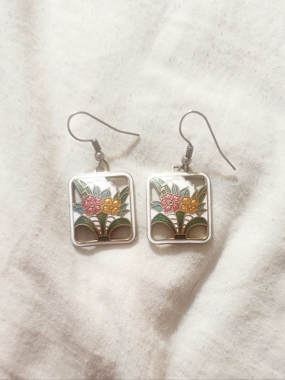 Floral Enamel Dangle Earrings - Pink & Yellow Flowers